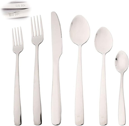 24pcs Silver 304 Stainless Steel Silverware Set with Teaspoons, Elegant Utensils Cutlery Set, Mirror Serving Flatware Set, Service for 4, Dishwasher Safe