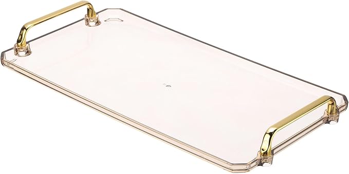 PATIKIL 16.1 x 8.7 Inches Plastic Serving Tray with Golden Handles, Reusable Tray Rectangular Party Platters for Dessert Coffee Tea Table, Living Room Kitchen Countertop, Amber