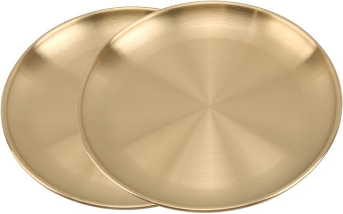 Stainless Steel Gold Plates 2 Set Round Dinner Dishes 10 Inch Metal Plates Great for Picnic,Outdoor Camping Plate,Shatterproof Dishwasher Safe