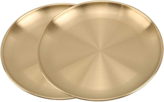 Stainless Steel Gold Plates 13.5 inch Metal Lightweight Unbreakable Dinner Dishes Plates 2 Set Large Round Serving Camping Plates for Picnic,Outdoor - Shatterproof Dishwasher Safe