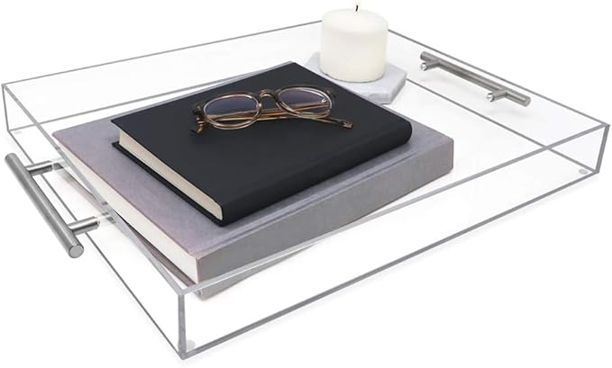 Isaac Jacobs Clear Acrylic Serving Tray (14x18) with Silver Metal Handles, Spill-Proof, Stackable Organizer, Food & Drinks Server, Indoors/Outdoors, Lucite Storage (14x18, Clear with Silver Handle)