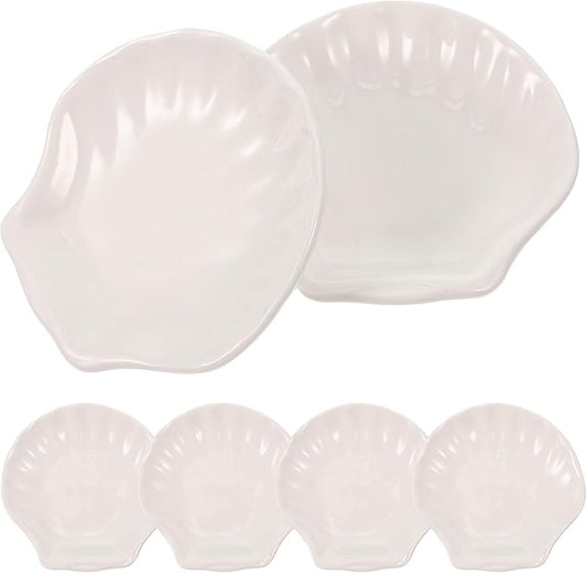 Cabilock Ceramic Shell Shaped Plates Set 6Pcs Seashell Appetizer Plates for Snacks Desserts and Home Dining 4 Inch Small White Shell Dish for Breakfast and Entertaining