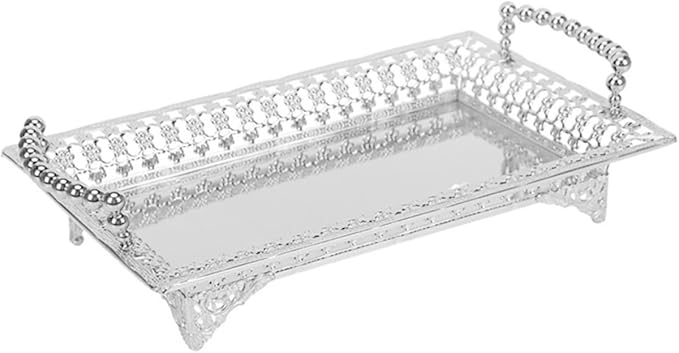 Portable Snack Platter Dried Fruit Bowl Handle Silver Metal Tray Serving Plate