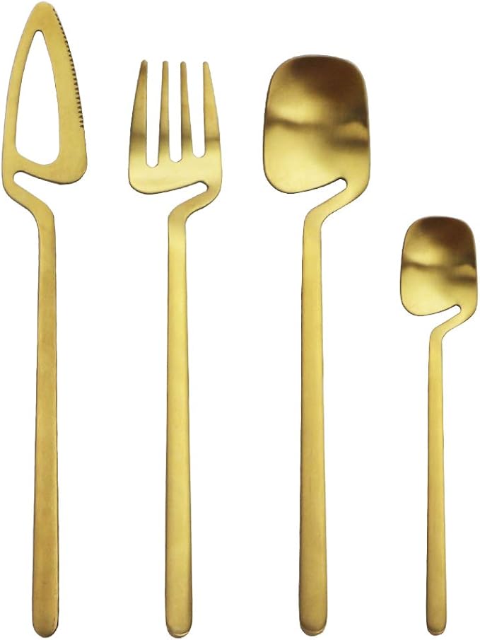 Luxury 18/10 Flatware Gold Silverware Set 304 Stainless Steel Flatware Cutlery Set| 4-Piece Royal Modern Satin Finish| Special Birthday Wedding Gift (Matte Golden)