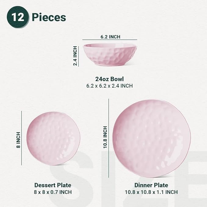 HOMBENE Plates and Bowls Sets, Dinnerware Set 12 Piece Service Porcelain Dinnerware for 4, for Dessert Salad and Pasta, Sakura Pink Dishes