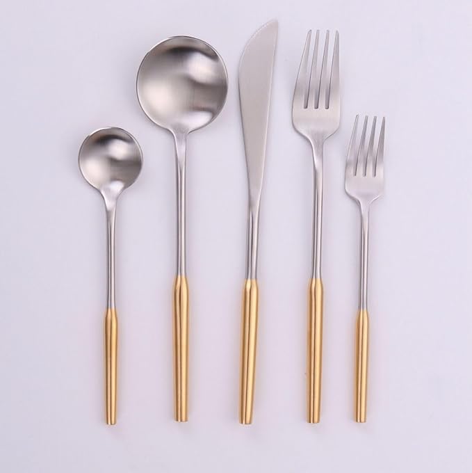Vikko Modern Two-Tone Silverware Set: Unique Brushed Gold and Silver Flatware Set - Satin Matte - 18/10 stainless steel flatware For Upscale Dining - 20 Piece Cutlery Set - Service for Four (4)