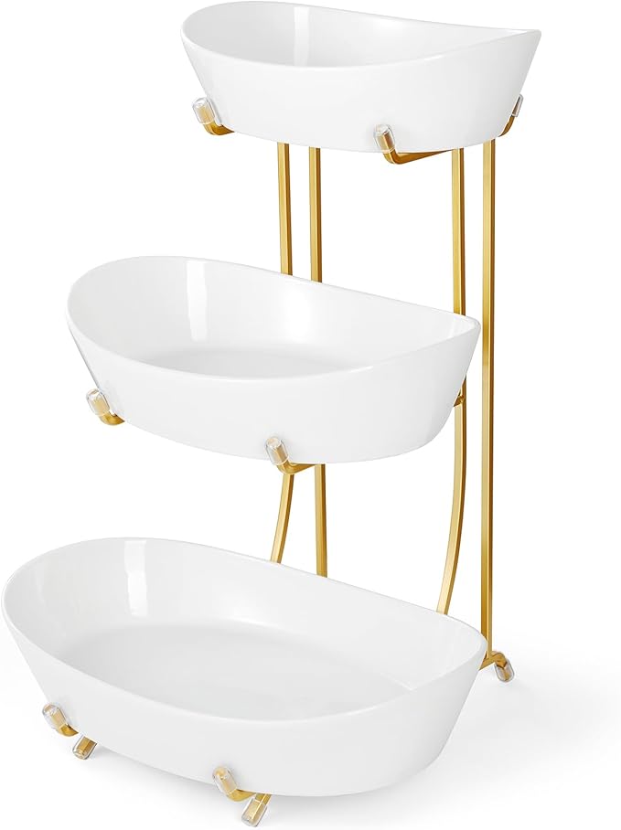 Yedio 3 Tier Fruit Bowl for Kitchen Counter, No Assembly Required Ceramic Fruit Basket with Metal Stand, Tiered Fruit Stand for Countertop for Fruit, Veggies, Snacks, Cake & Desserts