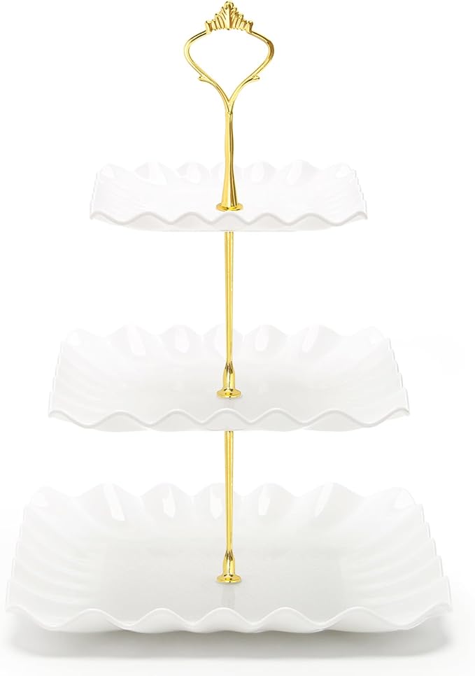 Coitak 3 Tier Cupcake Stand, Plastic Tiered Serving Stand, Square Dessert Tray for Tea Party, Birthday and Wedding (Pure White)