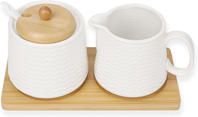 Ceramic Sugar and Creamer Set, Porcelain Coffee Serving Set with Cream Pitcher, Sugar Bowl, Lid & Spoon, 10 Ounce Creamer Container and Sugar Pot (CTNAI231)