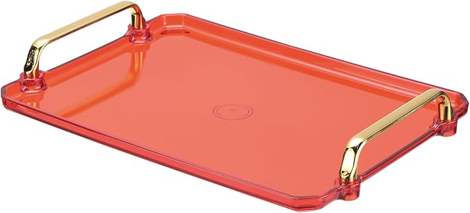 PATIKIL 12 x 8.6 Inches Plastic Serving Tray with Golden Handles, Reusable Tray Rectangular Party Platters for Dessert Coffee Tea Table, Living Room Kitchen Countertop, Red