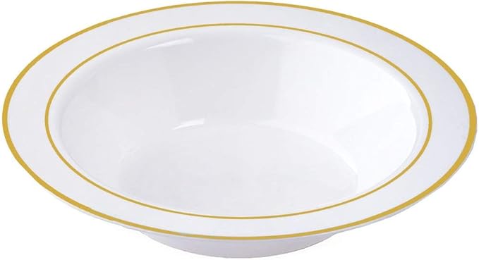 50 Disposable White Gold Trim Plastic Soup Bowls | 14 oz. Premium Heavy Duty Disposable Dinnerware with Real China Design | Safe & Reusable and Great for Parties or Weddings. (50-Pack) Gold