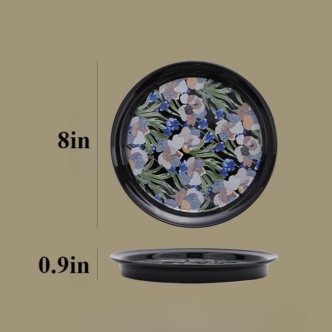 Fruit Bowl Dessert Plate Handmade Flower and Bird Pattern Round Ceramic Tableware Set (Black - two pieces)