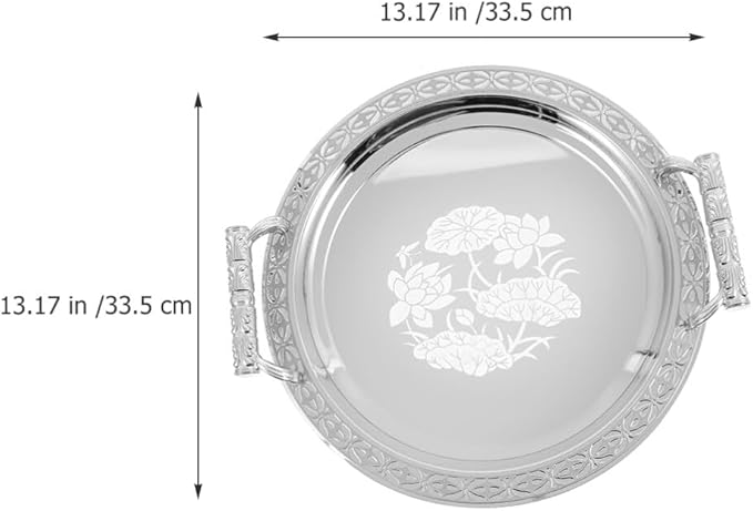 Zerodeko Stainless Steel Tea Tray Tea Serving Platter with Handles European Serving Tray Round Dinner Plate Retro Fruit for Food Fruit Coffee Silver