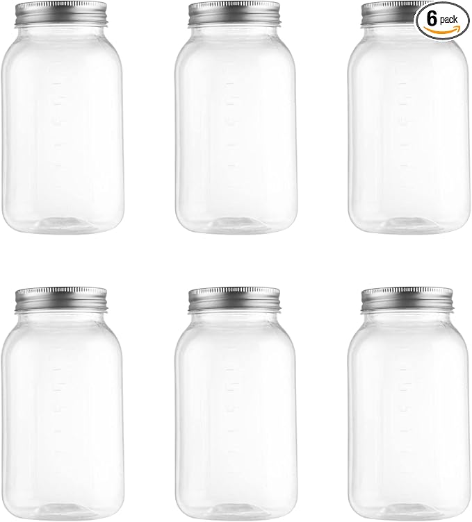 novelinks 32 oz Clear Plastic Jars with Lids, 6 Pack Large Plastic Mason Jars with Lids 32oz, Reusable Quart Containers for Kitchen Organization (6 Pack,Silver)