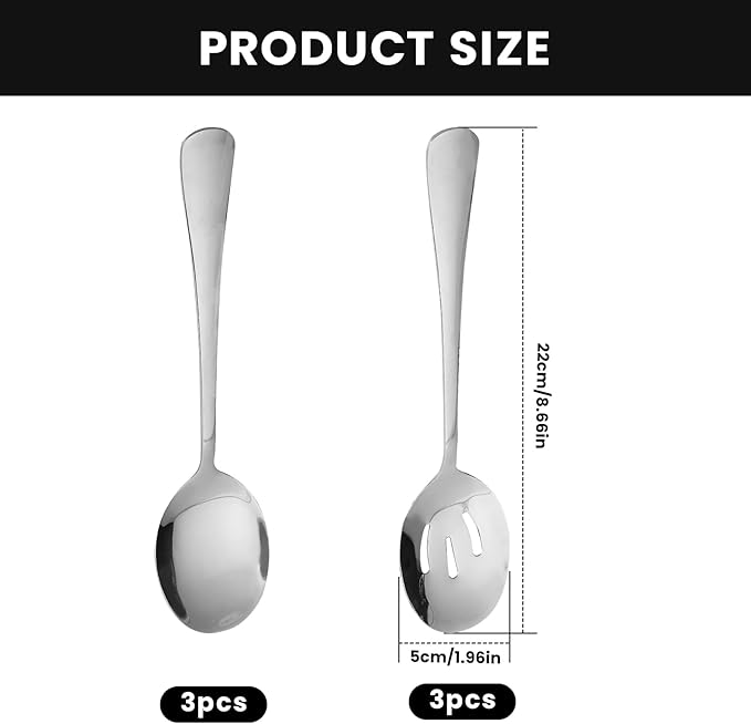 6 Pack Serving Spoons Set with 3 Serving Spoons and 3 Slotted Spoon, 8.6 Inch Large Stainless Steel Buffet Banquet Utensils Cutlery Set for Home, Kitchen, Party
