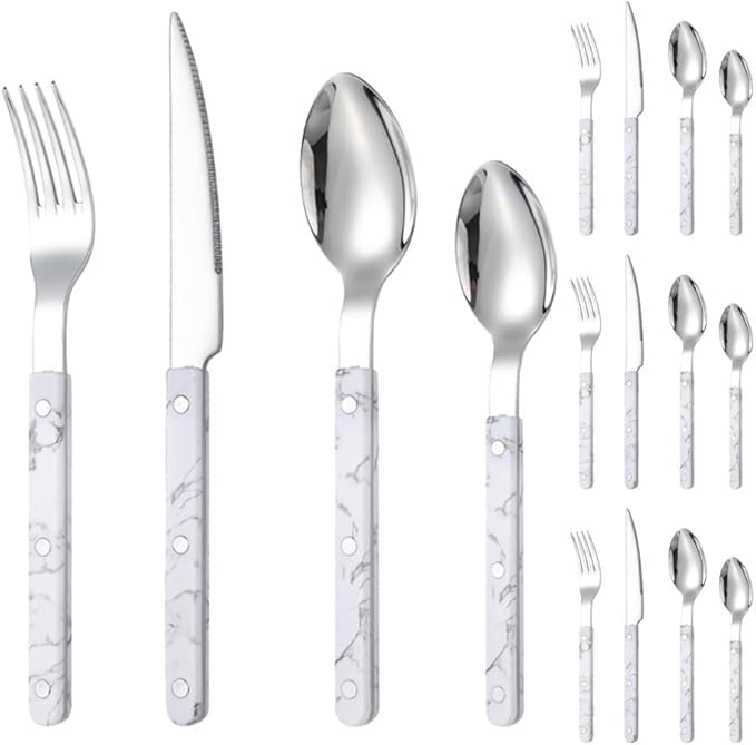 Rivet ABS Clamp Handle Kitchen Stainless Steel Silverware Tableware Flatware Cutlery Set Steak Knife Fork Spoon Teaspoon Western Tableware Butter Knife Set (White,16 pieces)
