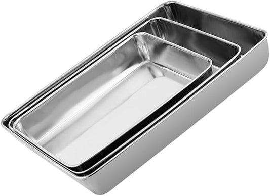 TOYANDONA 3pcs 304 Stainless Steel Serving Trays Set, Multipurpose Food and Dessert Plates with Deep Edges, Oven-Safe Baking and BBQ Grill Pans for Kitchen and Party Use