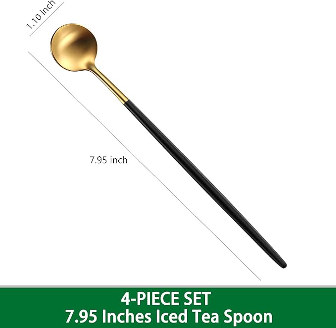 7.95 Inches Satin Gold SS18/10 Long Stirring Spoons With Black Handle,Elegant Iced Tea Spoons,Long Handle Mixing Spoons For Coffee,Cocktail,Ice Cream,Milk