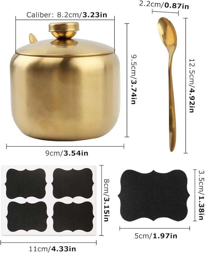 15oz Sugar Bowl with Lid and Spoon, Round Sugar Jar Kitchen Storage Container for Seasonings, Sugar, Salt, Pepper, Spices, Coffee Bar Kitchen Accessories, Dishwasher Safe(COLOR:Gold)