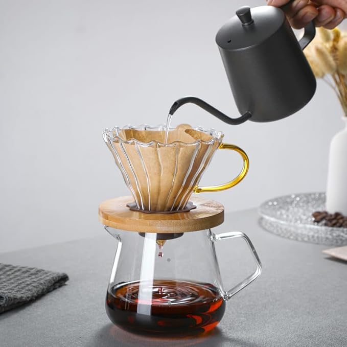 Transparent Glass Coffee Dripper Coffee Filter Holder Coffee Filter Cone with Wooden Pad Coffee Funnel,Coffee Filter Holder with Handle