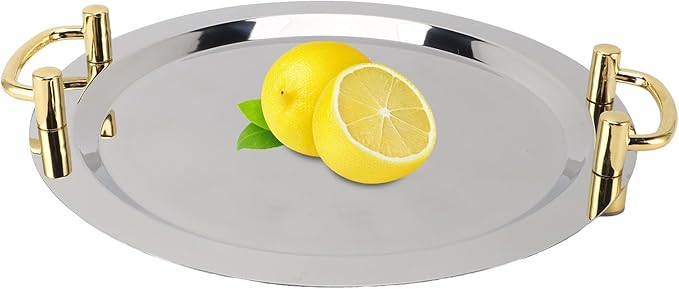 Stainless Steel Serving Plate, Elegant Mirror Finish Serving Tray Reusable Unbreakable Modern Kitchen Plates Golden with Handle for Hotel Restaurant Banquet (Round (Diameter 16.9in))