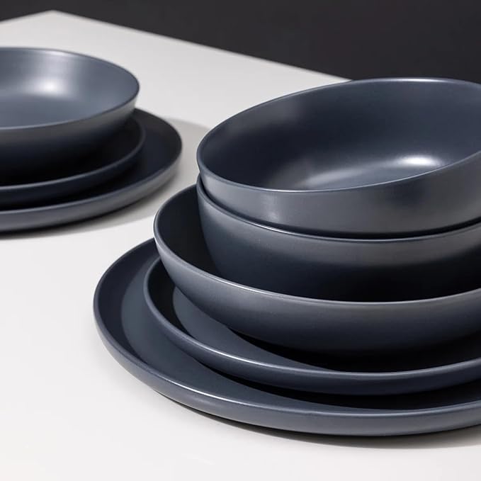 Stoneware Dinnerware Set, 16 Piece Plates and Bowls Set for 4, Microwave and Dishwasher Safe Tableware (blue)