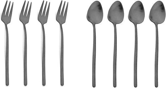 JASHII Modern Design 304 Stainless Steel 5.3" Tea Fork Set,3 prong Small Cake Fruit Forks and 5.4" Coffee Spoons Frosted Handle for Coffee Ice Cream Sugar Parties Events Wedding - Black