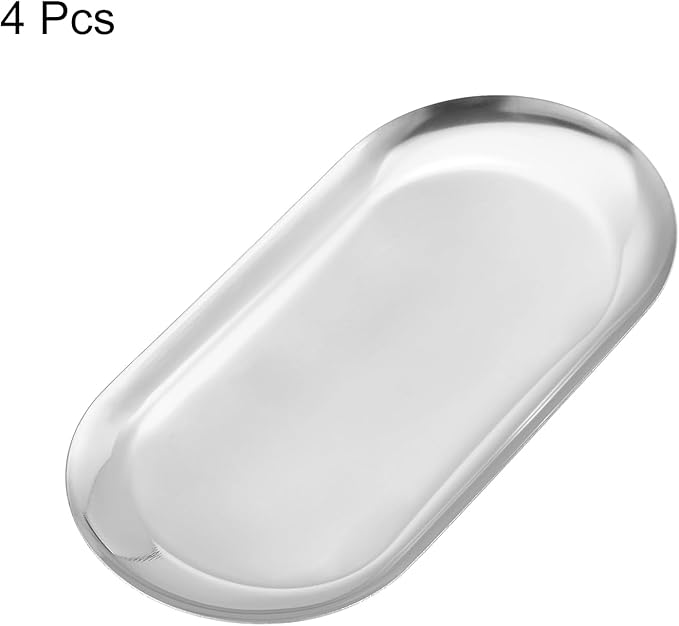 uxcell 4pcs Stainless Steel Decorative Trays, Bathroom Trays, Makeup Cosmetic Trays, Small Serving Trays for Candles Dessert Tray(Silver, 7 x 3.3 Inch)