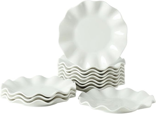 TAMAYKIM 12 Pieces 7 Inch Porcelain Dessert Plates, Wavy Rim Appetizer Dinnerware Sets, Small Dinner Plates, Scratch Resistant, Microwave, Oven and Dishwasher Safe, White