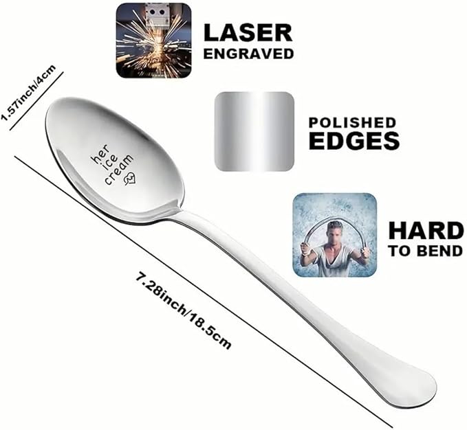 Engraved Ice Cream Spoon Gifts for Couple on Anniversary, 2 Pcs Personalized Coffee Spoon Stainless Steel, Couple Gifts for Him and Her on Valentines Day (scoop, his/her ice cream)