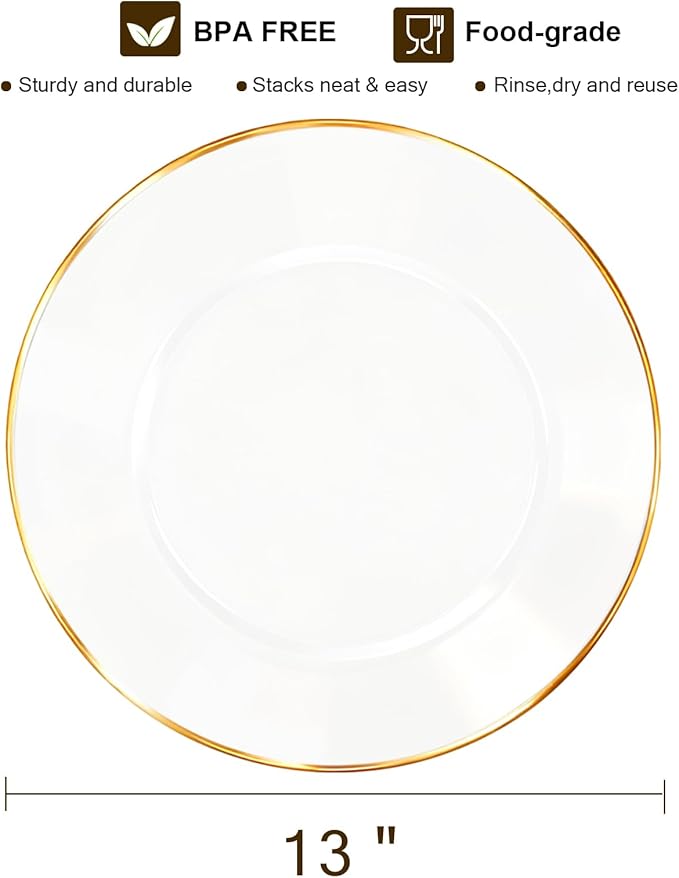 13 Inch Charger Plates, 16 Pack, Clear Charger Plates with Gold Rim, Heavy Duty Disposable Plastic Chargers for Dinner, Elegant Dining, Wedding, Party, Formal Event Decoration (16, Gold)