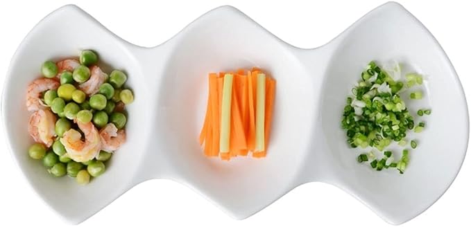 Condiment Tray 19 Oz Sauce Dish White Ceramic 3 Compartment Divided Appetizer Plates Soy Sauce Dipping Dishes Ketchup Vinegar Appetizer or Snack Dessert Condiments Dip Sets(11.02x5x1.57in)