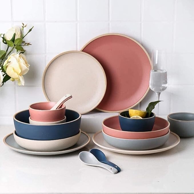 Dinnerware Sets Dish Set,19-Piecess,Bone China Porcelain Tableware Set with Plates Bowls and Dish,Ceramic Dinner Set for Home Kitchen (Beige 14)