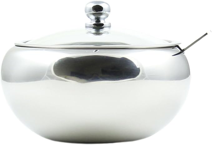 Zoie + Chloe Stainless Steel Sugar Bowl with Glass Lid - Bonus Spoon - 2 Cup Capacity (500ml)