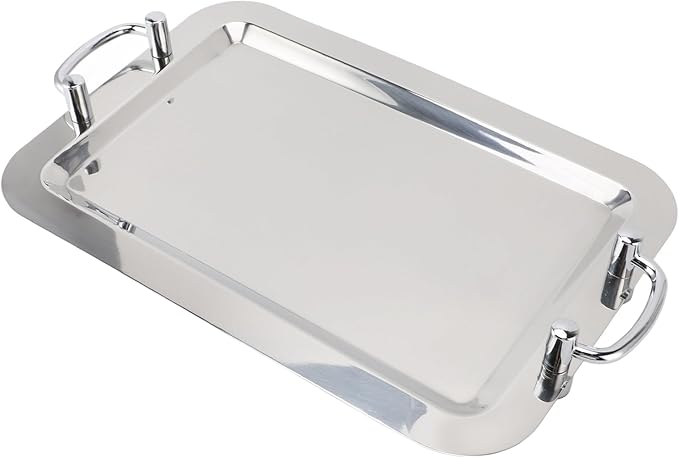 Silver Tray with Stainless Steel Platter with Handle – Multifunction Portable Serving Tray for Restaurant & Hotel Buffet, Rectangle Shape, 47.5cm (Rectangle Shape with Silver Handle, 47.5cm)