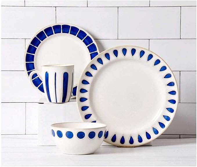 Elegant Dinner Plates,Fine Dinnerware Set,4 Pieces Blue White Ceramic Dinner Set Porcelain Mug Plate Bowl Lead-Free Tableware