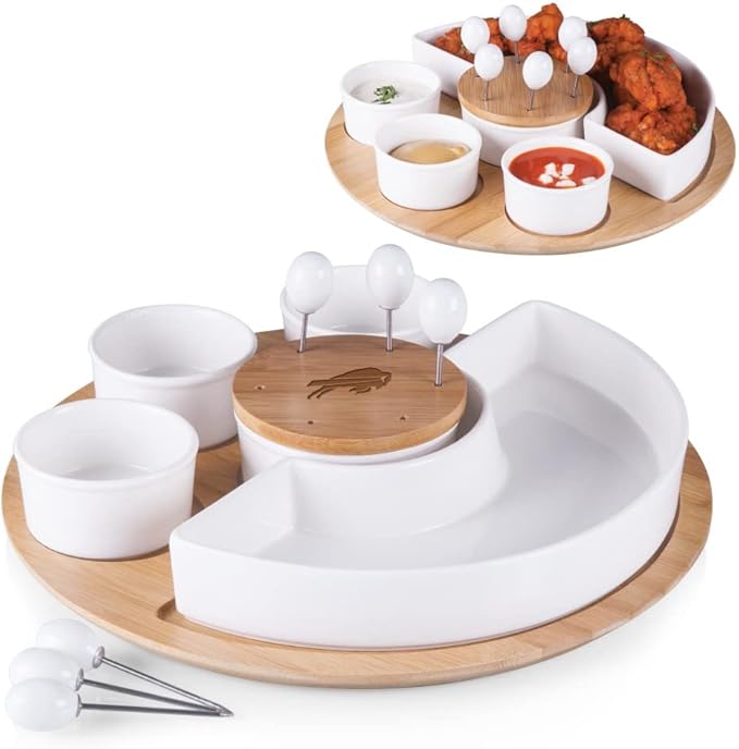 PICNIC TIME NFL Symphony Appetizer Serving Tray Set, Party Platter Set, Appetizer Plate, (Bamboo & White Ceramic)