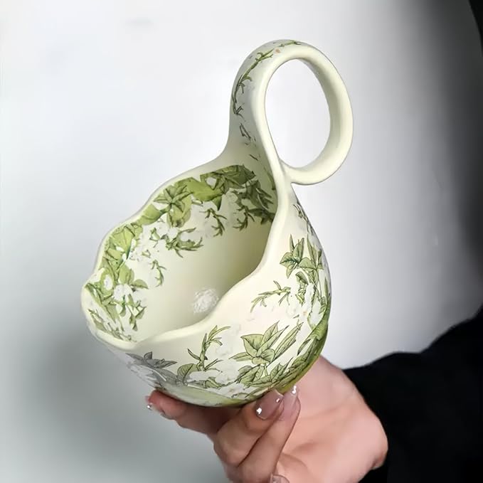 16.91oz/500ml Handpainted Soup Bowl with Handle,Ceramic Cereal Bowl Microwave & Dishwasher Safe,Loop Handle Bowl Great for Soup,Yogurt,Snack,Chip,Stew,Ice Cream,Coffee (Lily of the Valley)