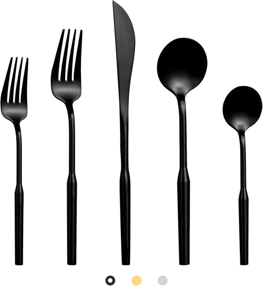 Matte Silverware Eating Utensils Set, 20-Piece Stainless Steel Flatware Set, Kitchen Utensil Set Service for 4, Durable Home Kitchen Silverware,Luxury Cutlery Set. (Black, 20)