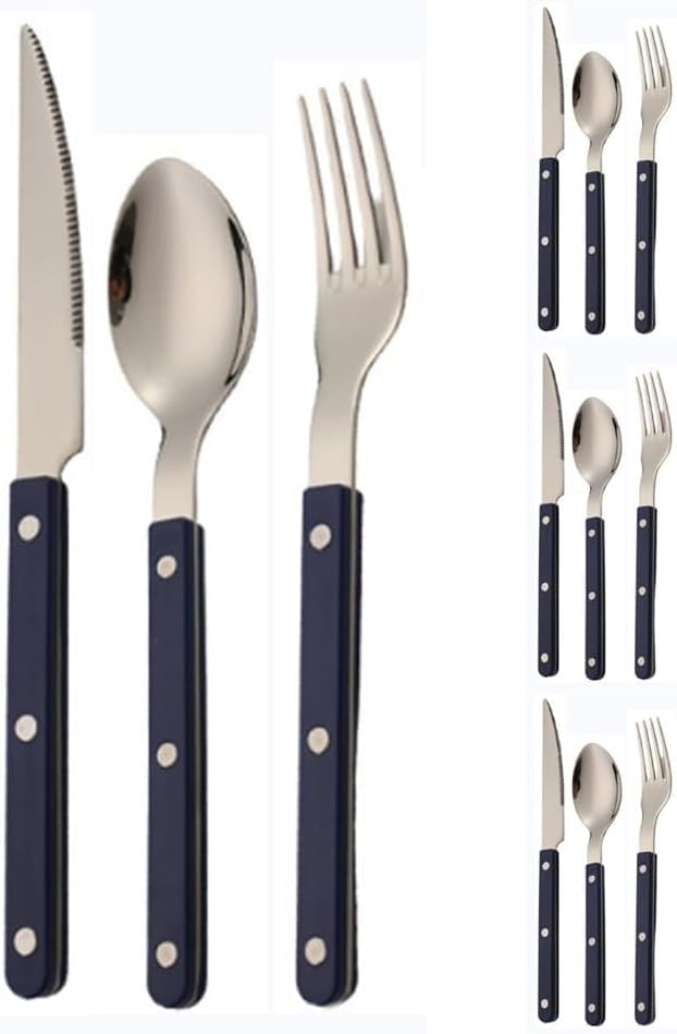ABS Rivet Handle Marble Pattern Handle Kitchen Stainless Steel Silverware Tableware Flatware Cutlery Knives Forks Spoons Set,Butter Knife Dessert Spoon Fork (Blue,12 pieces)