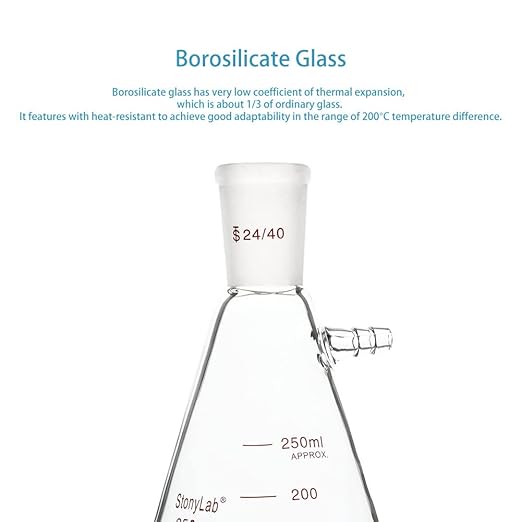 stonylab Filtering Flask with 24/40 Standard Taper Outer Joint, Heavy Wall Borosilicate Glass Filter Flask, Bolt Neck with Tubulation, 250 ml