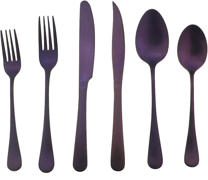 Gugrida 24-Piece Titanium Purple Plated Stainless Steel Flatware Set, Travel Cutlery Include Knife Fork Spoon Service for 4,Healthy & Eco-Friendly Silverware - Matte Elegant Modern Eating Utensils