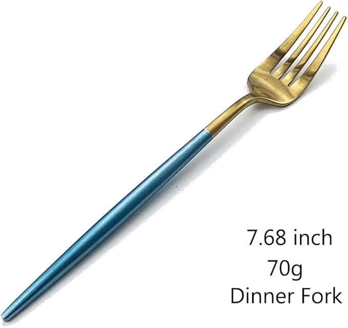 Gugrida Blue Handle Gold Flatware Set, Royal 5 Pieces Matte Blue Handle 18/10 Stainless Steel Dinner Fork 7.68", Camping Cutlery Silverware Travel Utensils Set Tableware