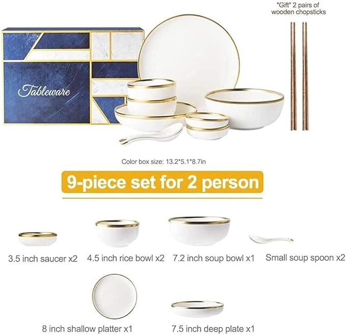Dinnerware Sets - Luxury Gift Dishes Service Set, Dinnerware Sets Service for 2/4/6, Kitchen Plates and Bowls Sets White, Luxury Bone China Tableware, Nordic Gold Porcelain Dish Set(9Pcs)