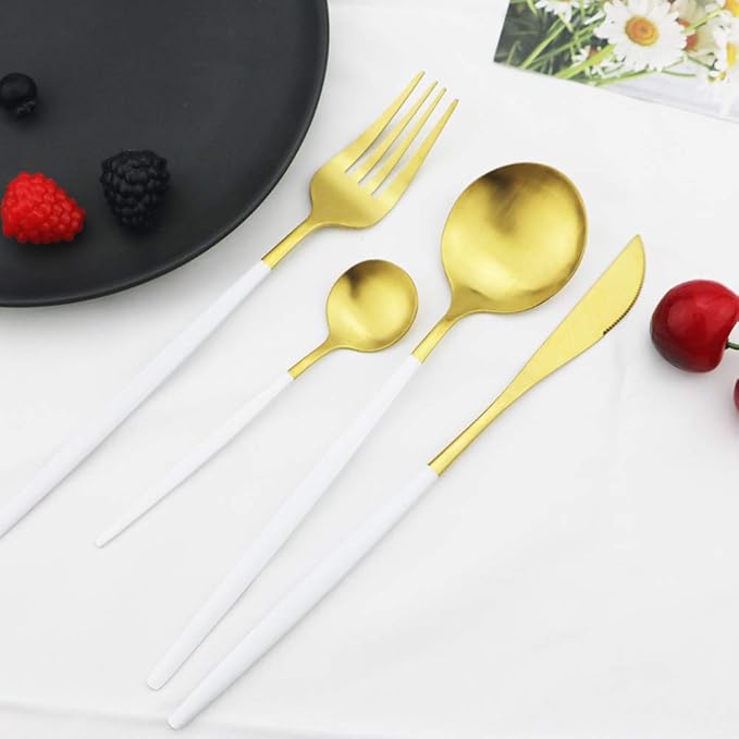 JASHII Matte Silverware Set, 24-Piece Stainless Steel Flatware Cutlery Set for 6, Ideal for Home Wedding Festival Party, Dishwasher Safe (White Handle Gold)