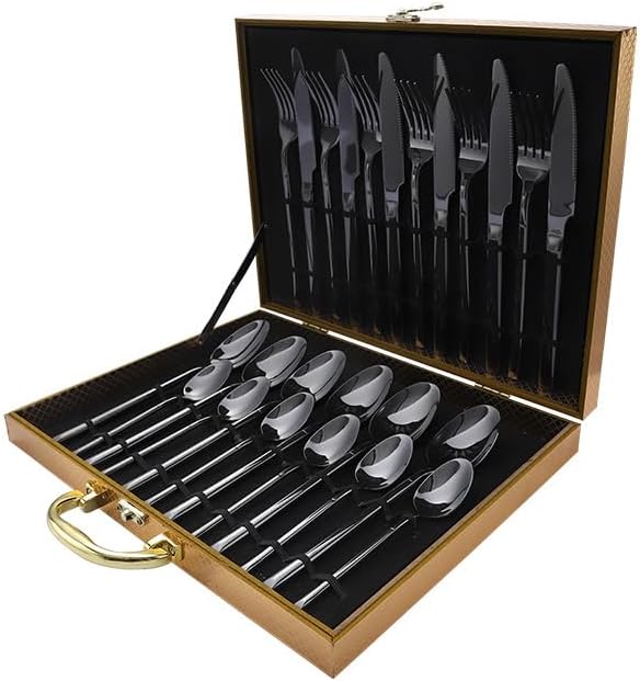 Stainless Steel Flatware serving set,Home Kitchen Eating Tableware Set,Dishwasher Safe,For Home Kitchen Restaurant Hote 24-piece Stainless Steel Cutlery Set Thickened Knife, Fork And Spoon(Gold)(Black