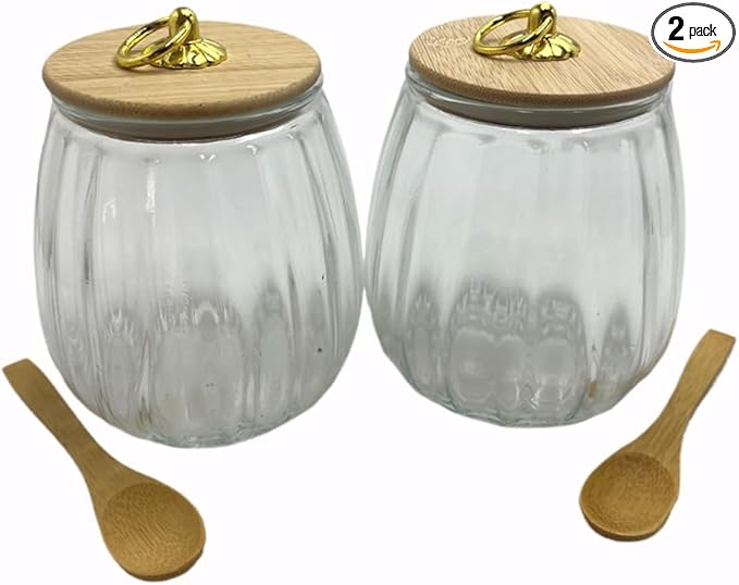 Glass Airtight Storage Jars with Spoons,Bamboo Lid Canister for Foods,Decorative Container with Metal Handle Easy to Grasp 2Pack Oval