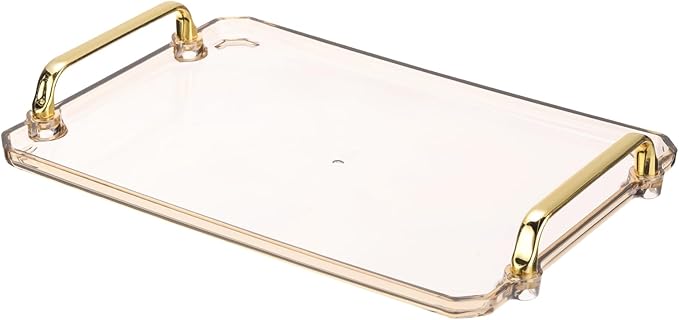 PATIKIL 12 x 8.6 Inches Plastic Serving Tray with Golden Handles, Reusable Tray Rectangular Party Platters for Dessert Coffee Tea Table, Living Room Kitchen Countertop, Amber