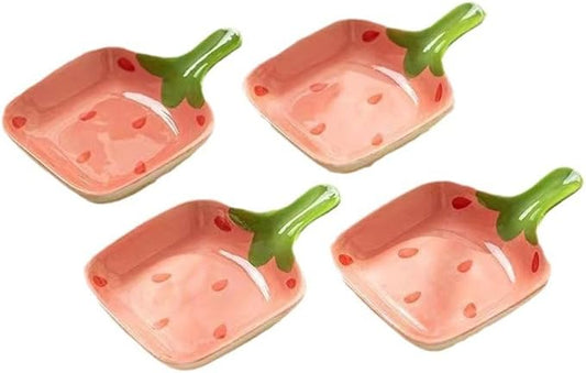 esowemsn 4PCS Pink Fruit Pattern Sauce Dish Ceramic Strawberry Pattern Appetizer Serving Plate with Handle Cute Sushi Dipping Bowl for Home Kitchen Restaurant Oil,Vinegar,Ketchup,Salt,Sushi Appetizer
