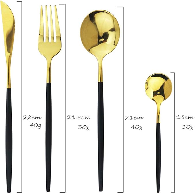 JASHII 24 Piece Titanium Black And Golden Plated Stainless Steel Flatware Set, Black Handle With Golden Mouth Silverware Set Black And Golden Cutlery Set Service for 6 (Handle Black,Shiny Golden)